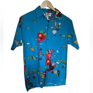HILO HATTIE Vintage Men's Blue Button Down Beach Shirt Short Sleeve Size Small